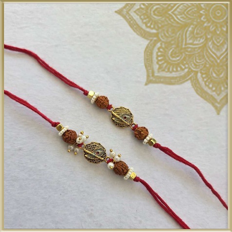 Gold-Peacock Rudraksha Rakhi Pair